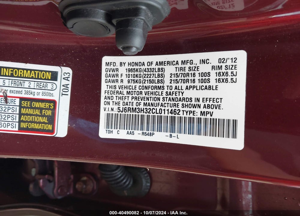 2012 HONDA CR-V LX VIN: 5J6RM3H32CL011462