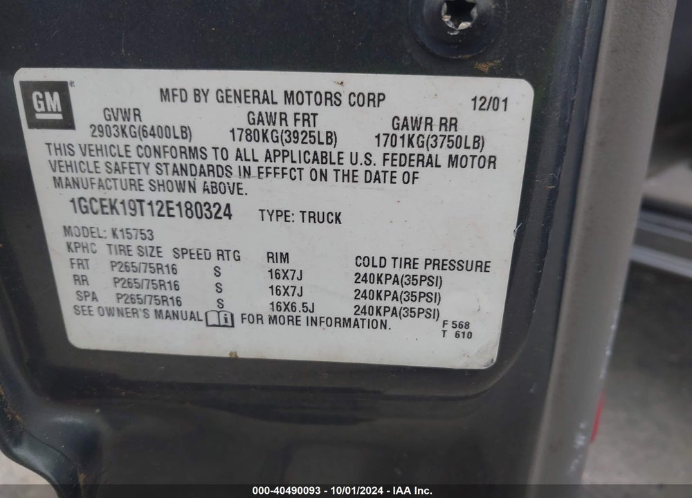 2002 CHEVROLET SILVERADO 1500 LT VIN: 1GCEK19T12E180324