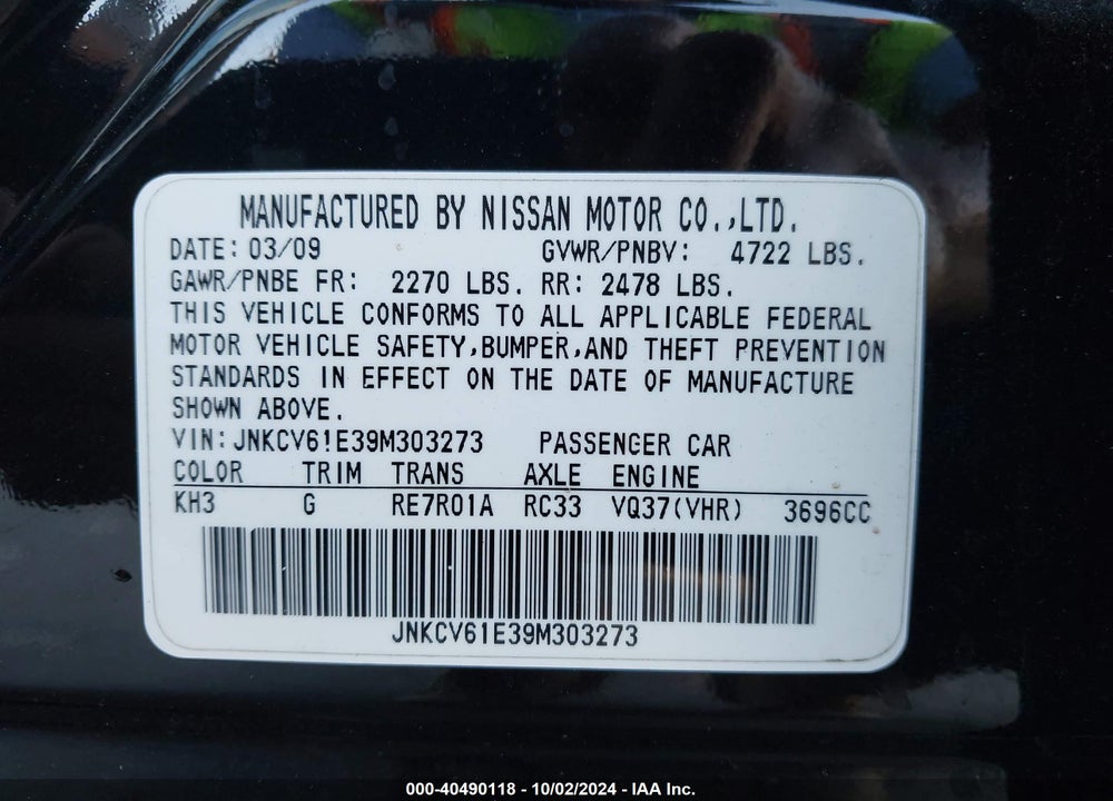 2009 INFINITI G37 JOURNEY VIN: JNKCV61E39M303273