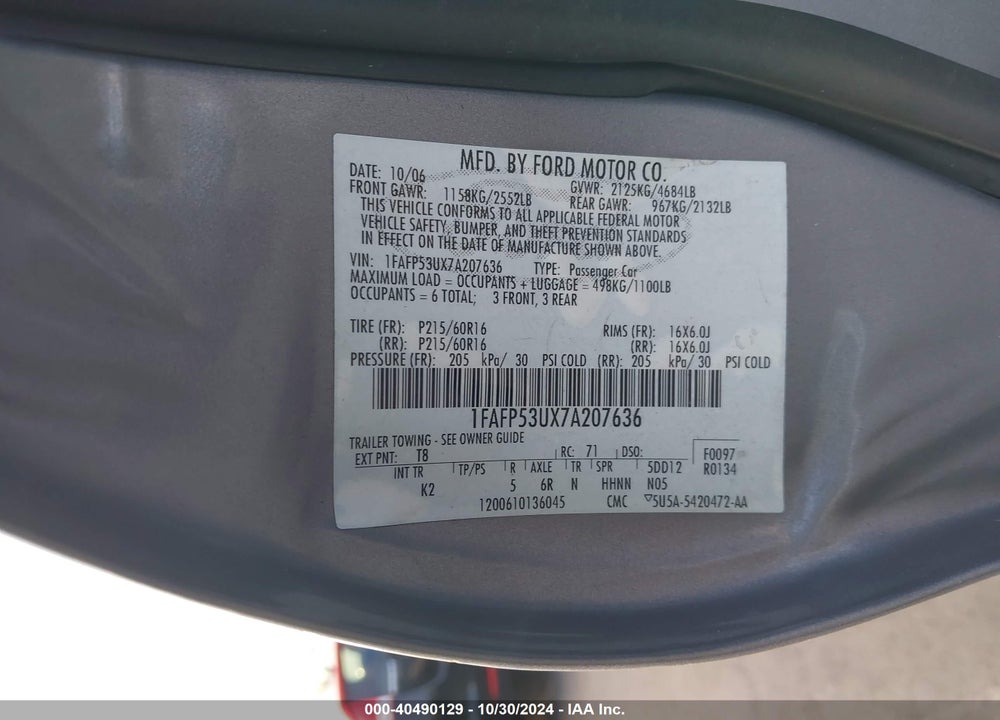 2007 FORD TAURUS SE VIN: 1FAFP53UX7A207636
