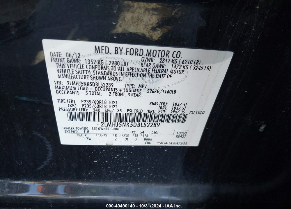 2013 LINCOLN MKT LIVERY VIN: 2LMHJ5NK5DBL52289