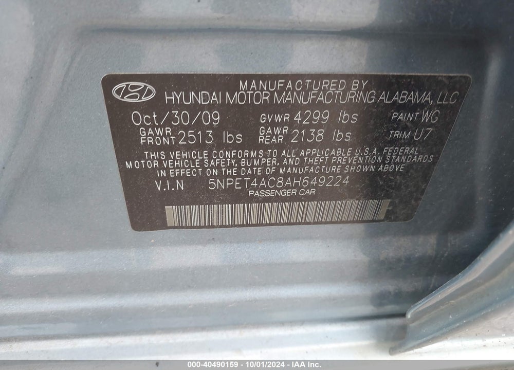 2010 HYUNDAI SONATA GLS PZEV VIN: 5NPET4AC8AH649224
