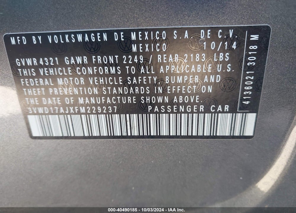 2015 VOLKSWAGEN JETTA 1.8T SE VIN: 3VWD17AJXFM229237