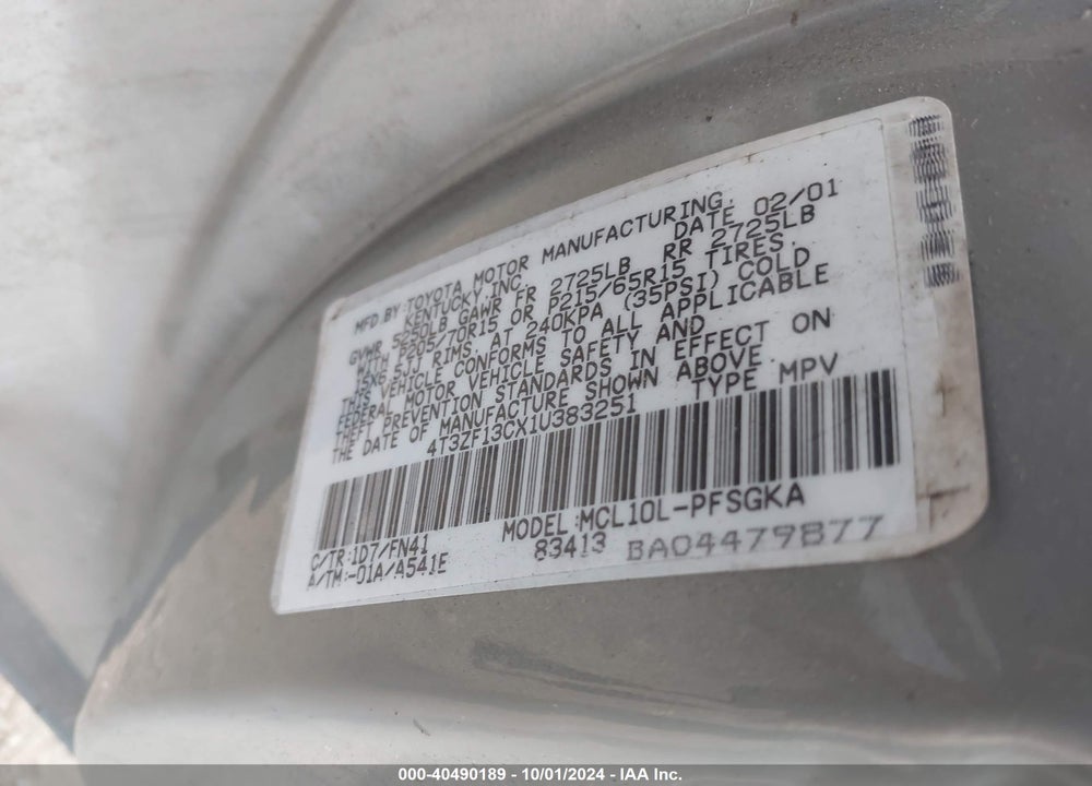 2001 TOYOTA SIENNA LE VIN: 4T3ZF13CX1U383251