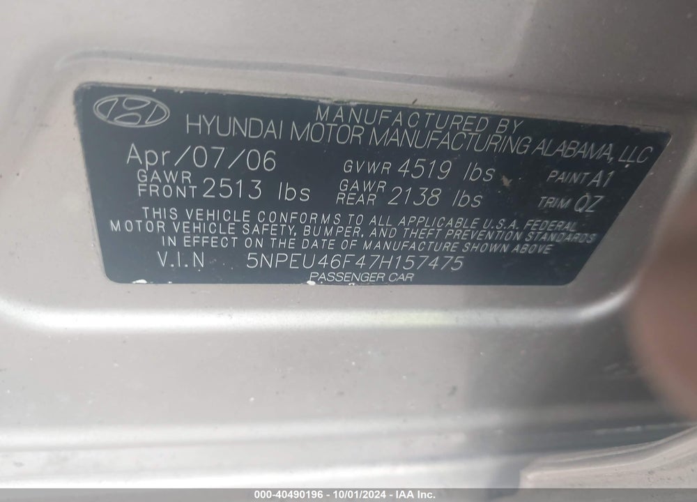 2007 HYUNDAI SONATA LIMITED/SE V6 VIN: 5NPEU46F47H157475