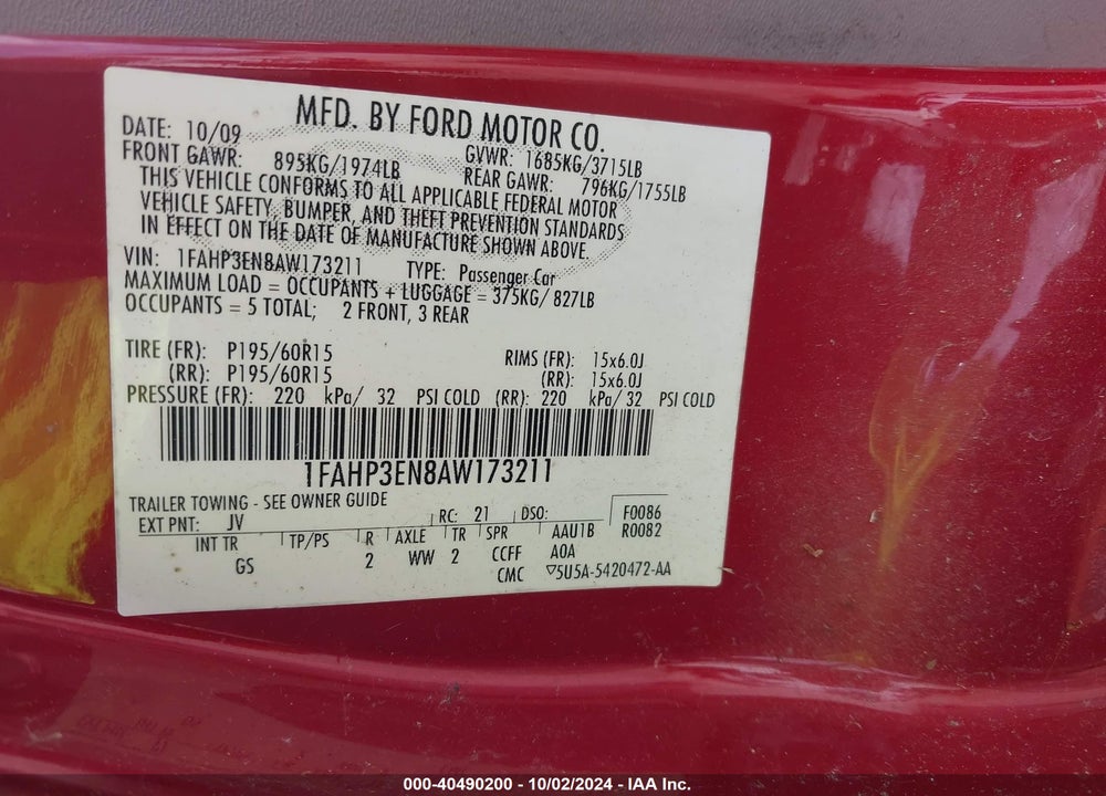 2010 FORD FOCUS S VIN: 1FAHP3EN8AW173211