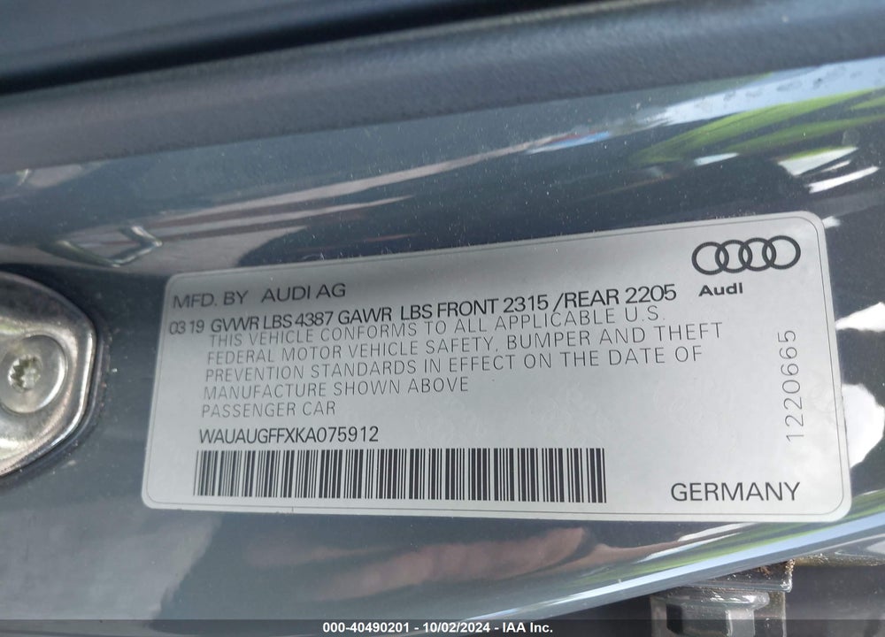 2019 AUDI A3 40 PREMIUM/40 TITANIUM PREMIUM VIN: WAUAUGFFXKA075912