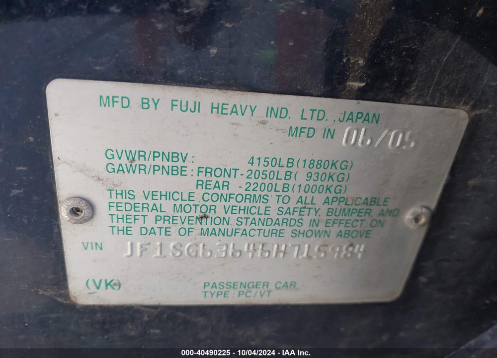 2006 SUBARU FORESTER 2.5X VIN: JF1SG63646H715984