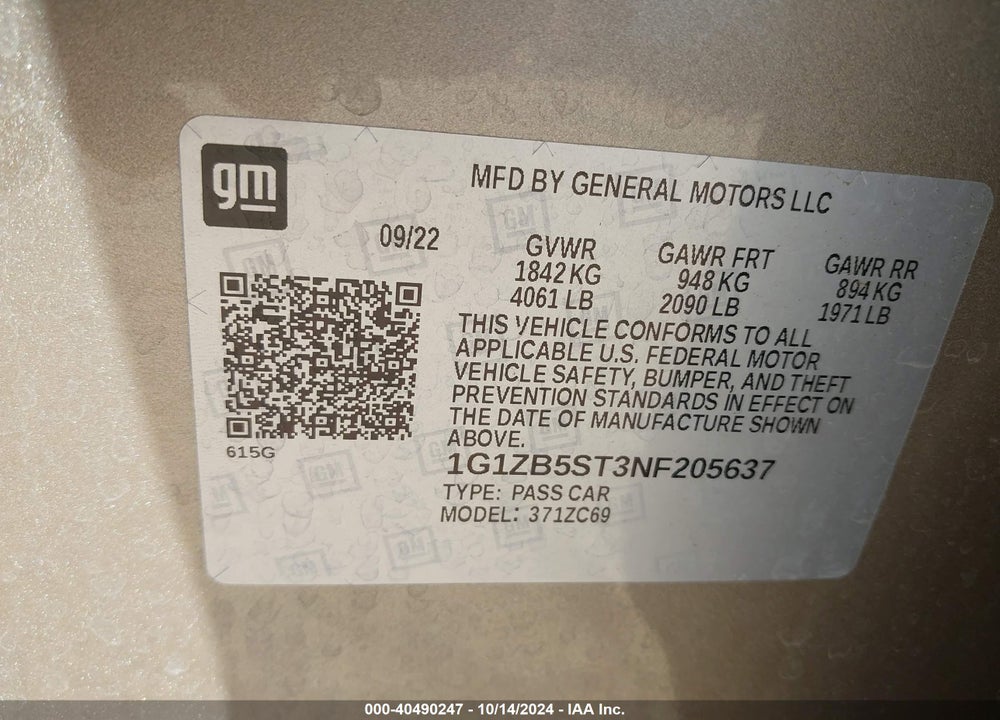 2022 CHEVROLET MALIBU FWD LS VIN: 1G1ZB5ST3NF205637