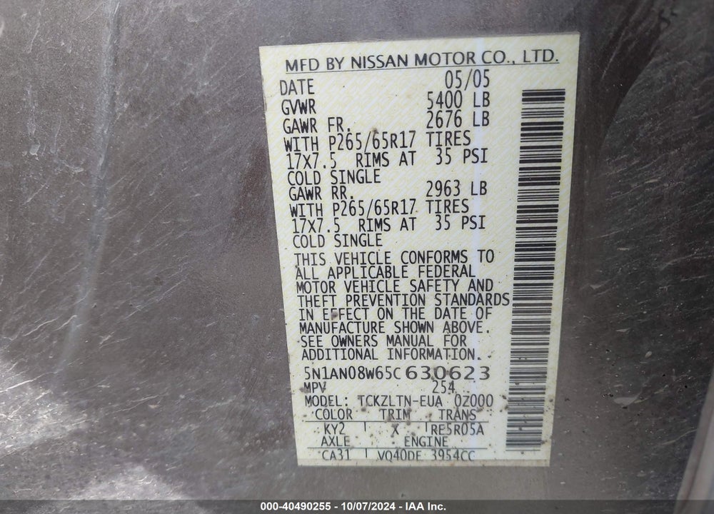 2005 NISSAN XTERRA SE VIN: 5N1AN08W65C630623
