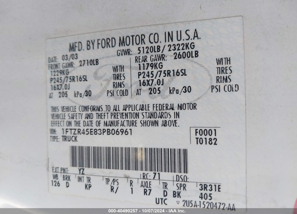 2003 FORD RANGER EDGE/XLT VIN: 1FTZR45E83PB06961