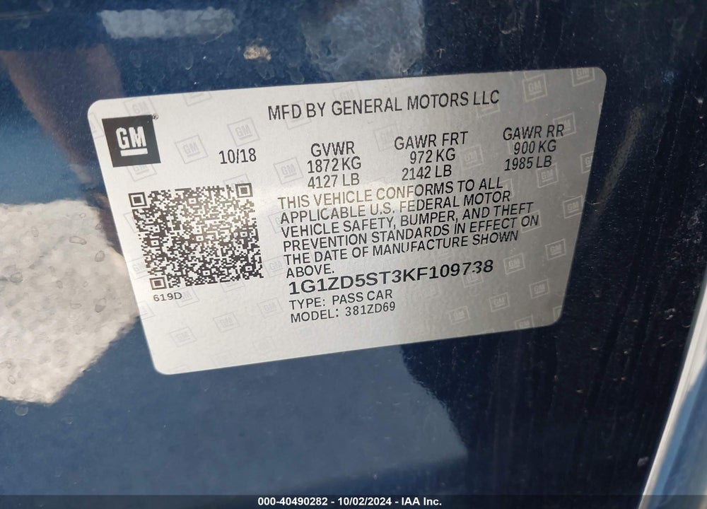 2019 CHEVROLET MALIBU LT VIN: 1G1ZD5ST3KF109738