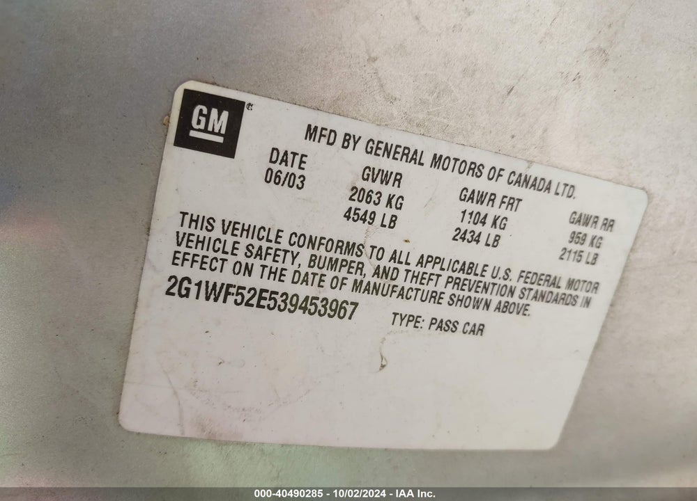 2003 CHEVROLET IMPALA VIN: 2G1WF52E539453967