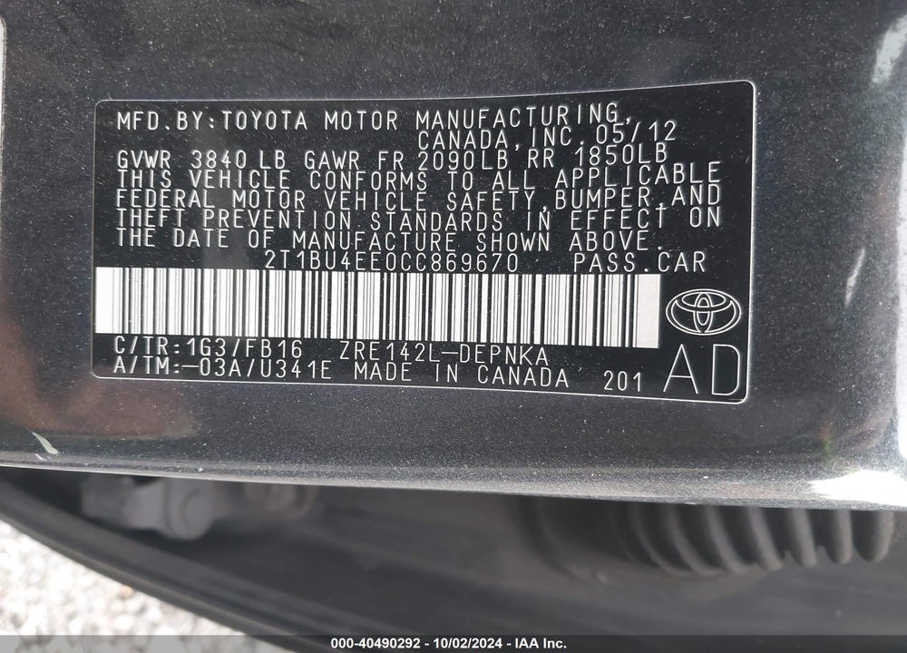 2012 TOYOTA COROLLA LE VIN: 2T1BU4EE0CC869670
