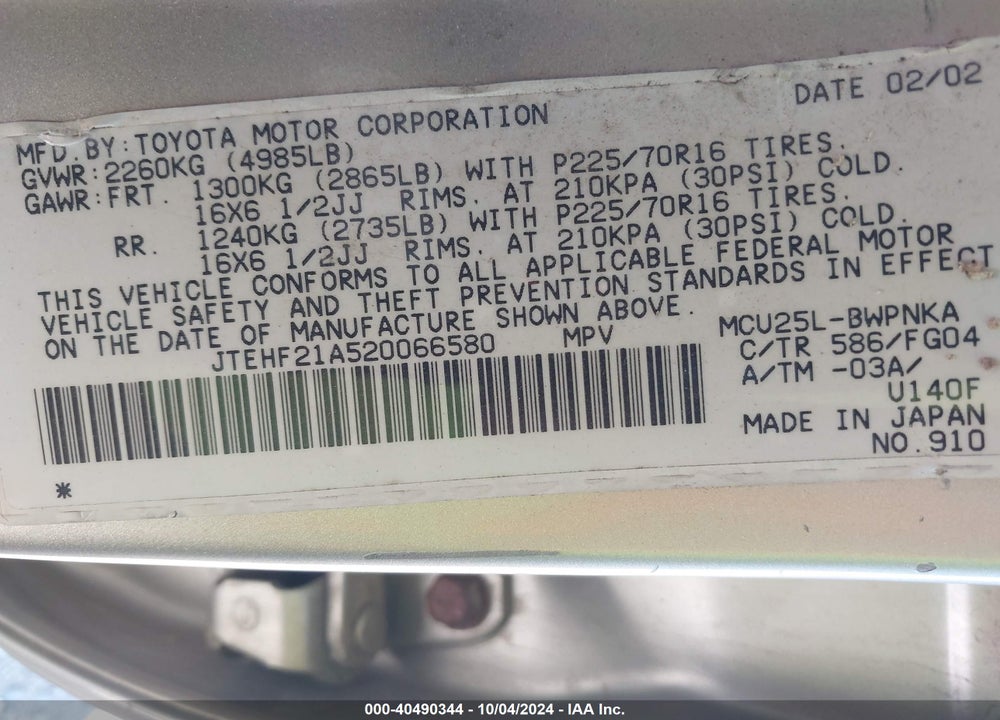 2002 TOYOTA HIGHLANDER V6 VIN: JTEHF21A520066580