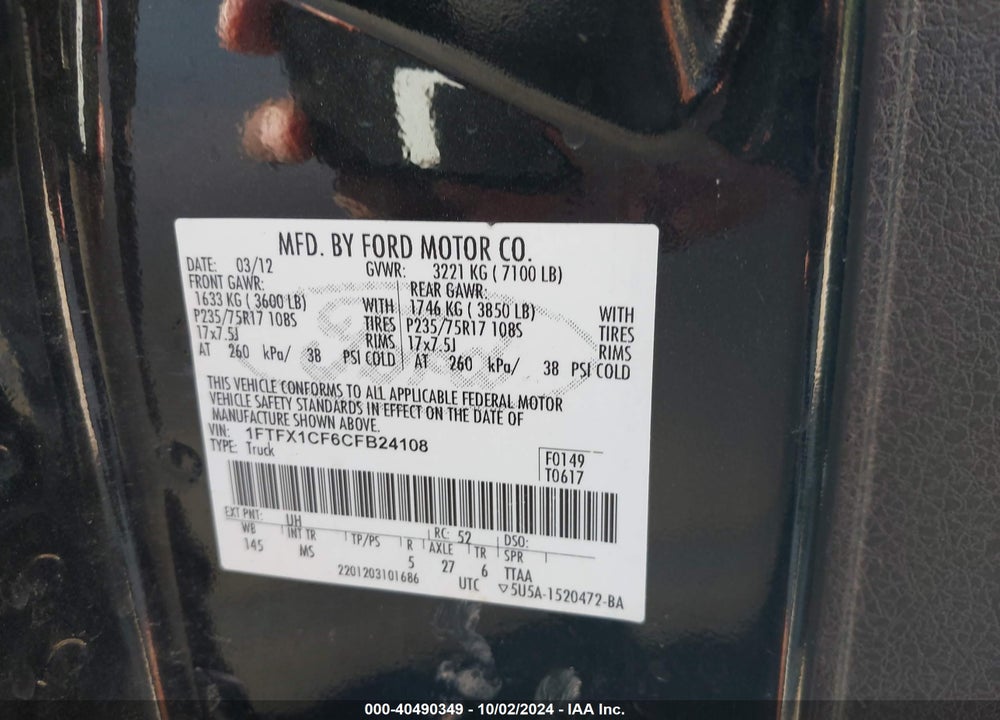 2012 FORD F-150 XLT VIN: 1FTFX1CF6CFB24108