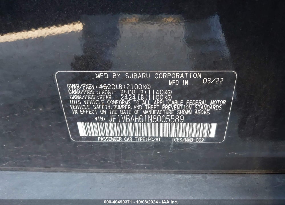 2022 SUBARU WRX PREMIUM VIN: JF1VBAH61N8005589