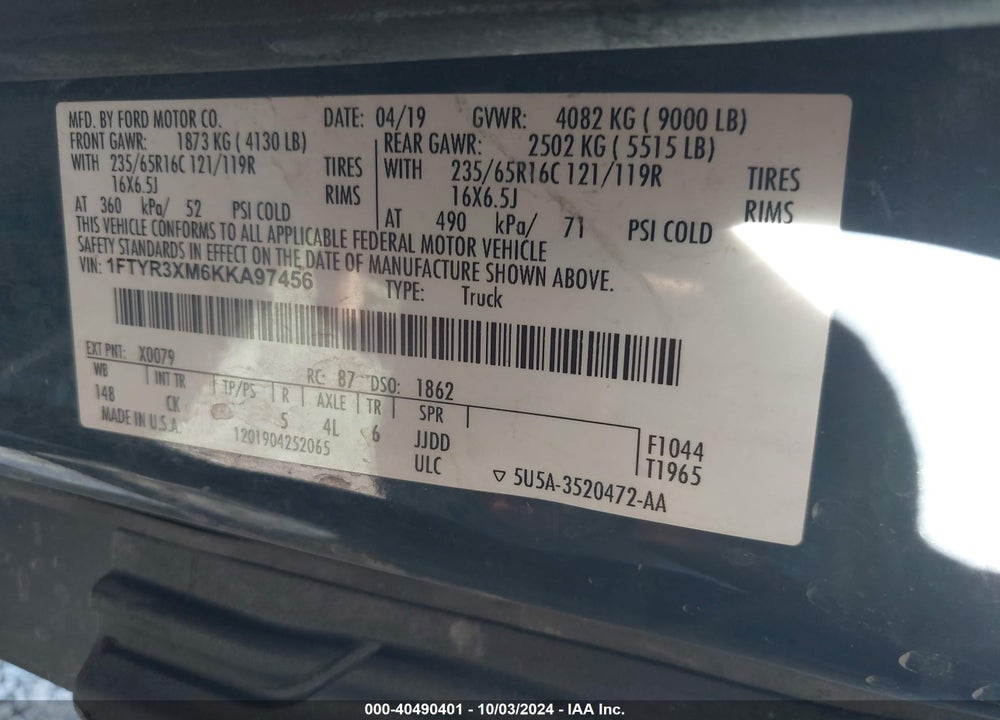 2019 FORD TRANSIT-250 VIN: 1FTYR3XM6KKA97456
