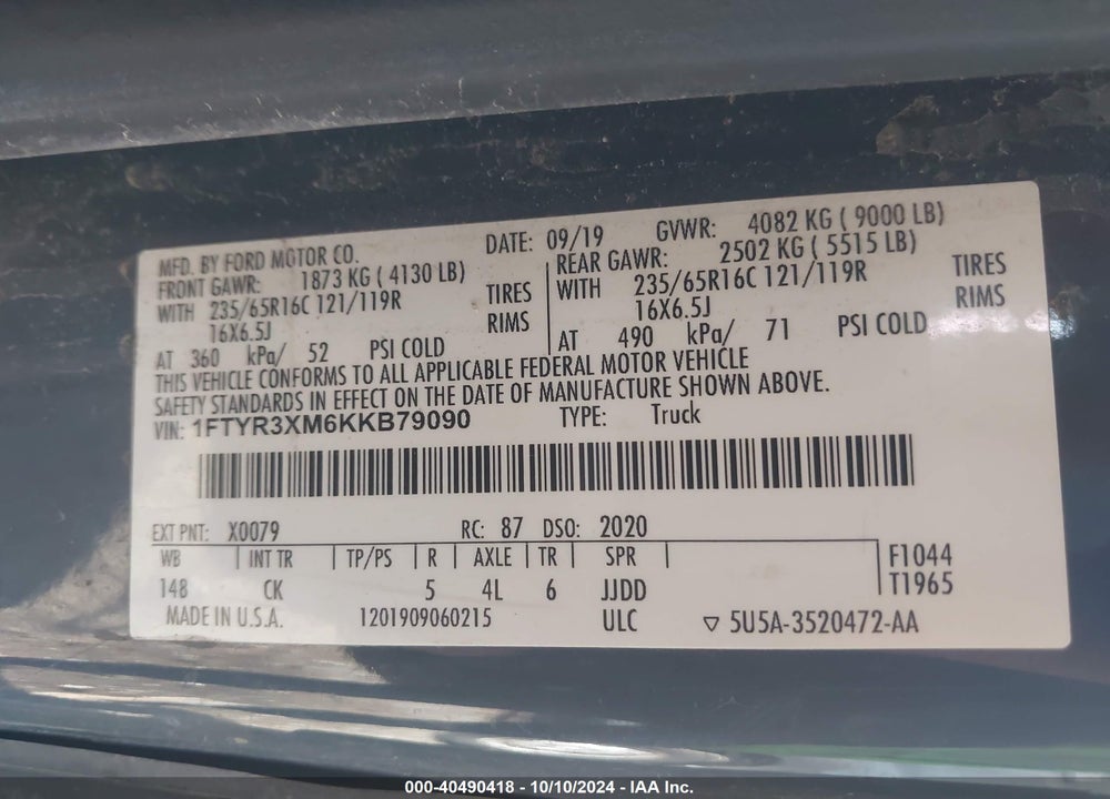 2019 FORD TRANSIT-250 VIN: 1FTYR3XM6KKB79090