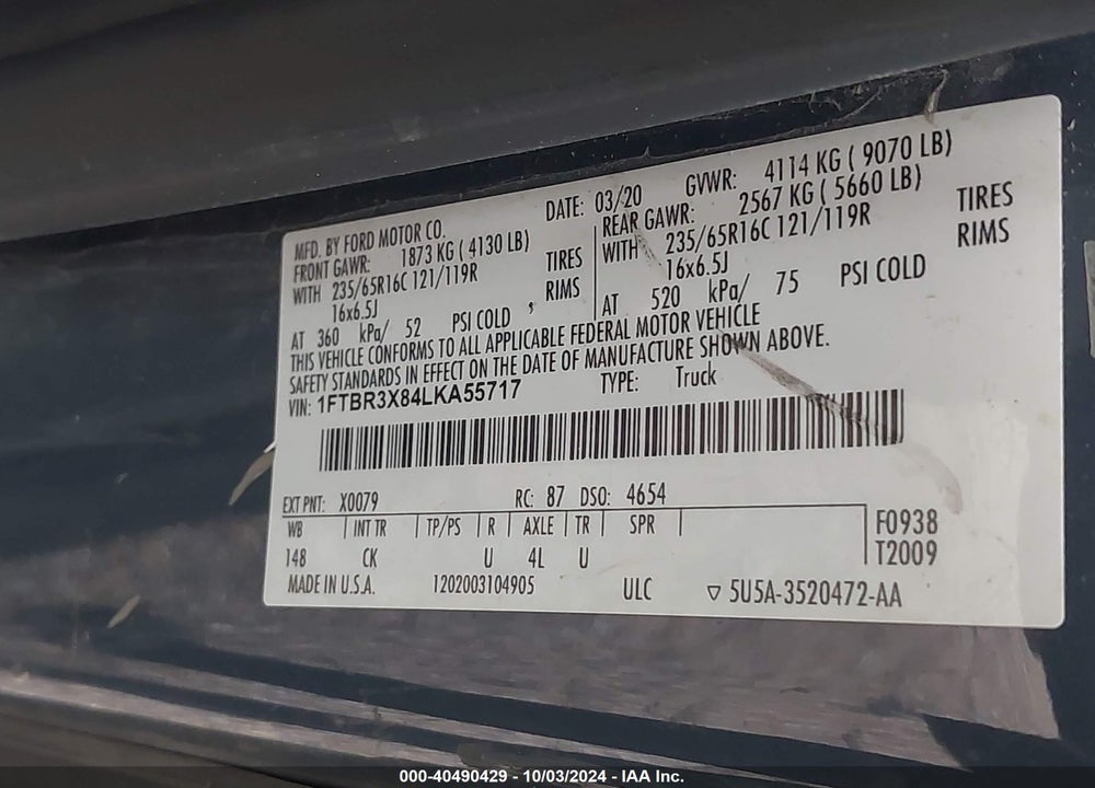 2020 FORD TRANSIT-250 CARGO VAN VIN: 1FTBR3X84LKA55717