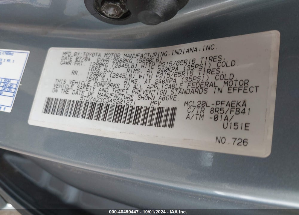 2004 TOYOTA SIENNA LE VIN: 5TDZA23C34S201271
