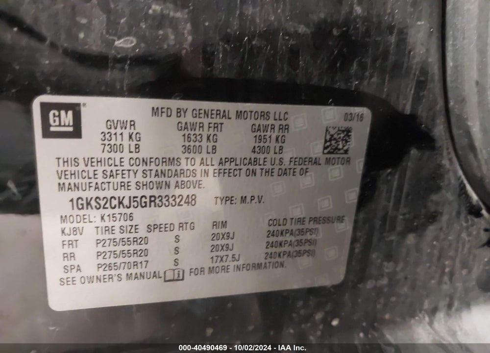 2016 GMC YUKON DENALI VIN: 1GKS2CKJ5GR333248