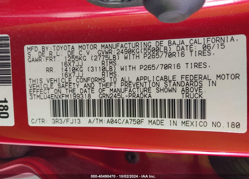 2015 TOYOTA TACOMA BASE V6 VIN: 3TMLU4ENXFM199318