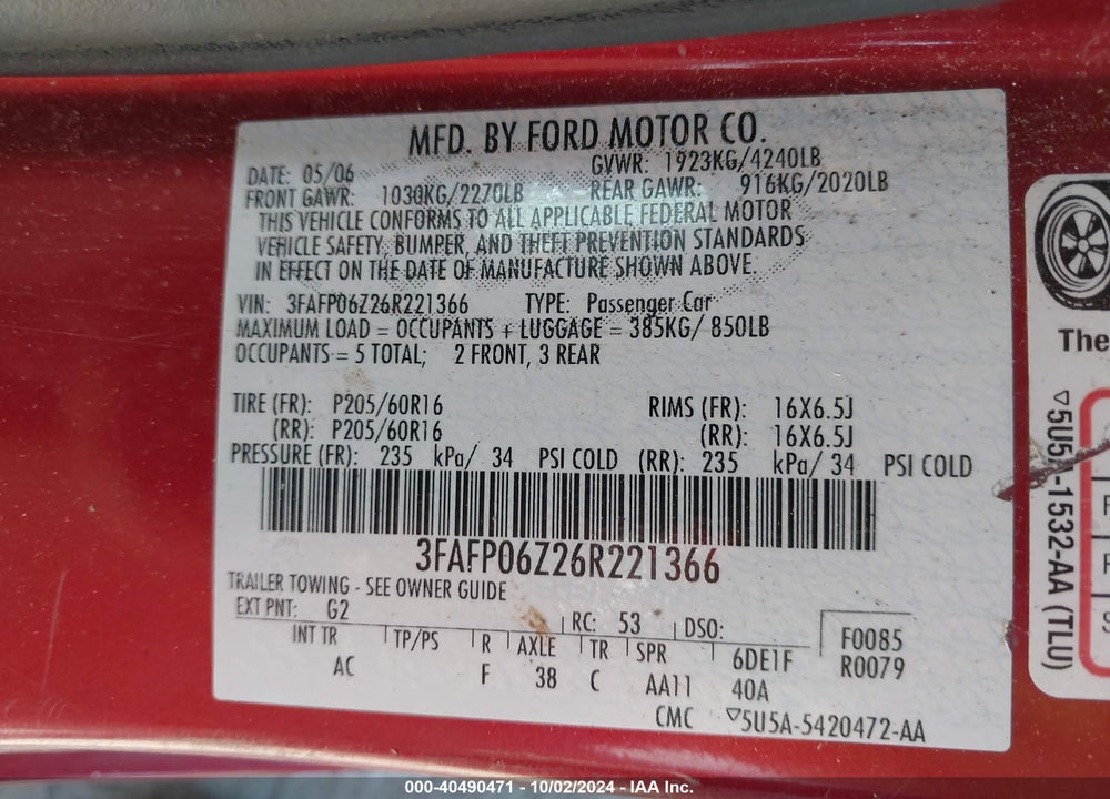 2006 FORD FUSION S VIN: 3FAFP06Z26R221366