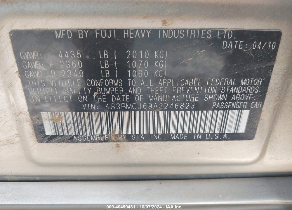 2010 SUBARU LEGACY 2.5I LIMITED VIN: 4S3BMCJ69A3246823