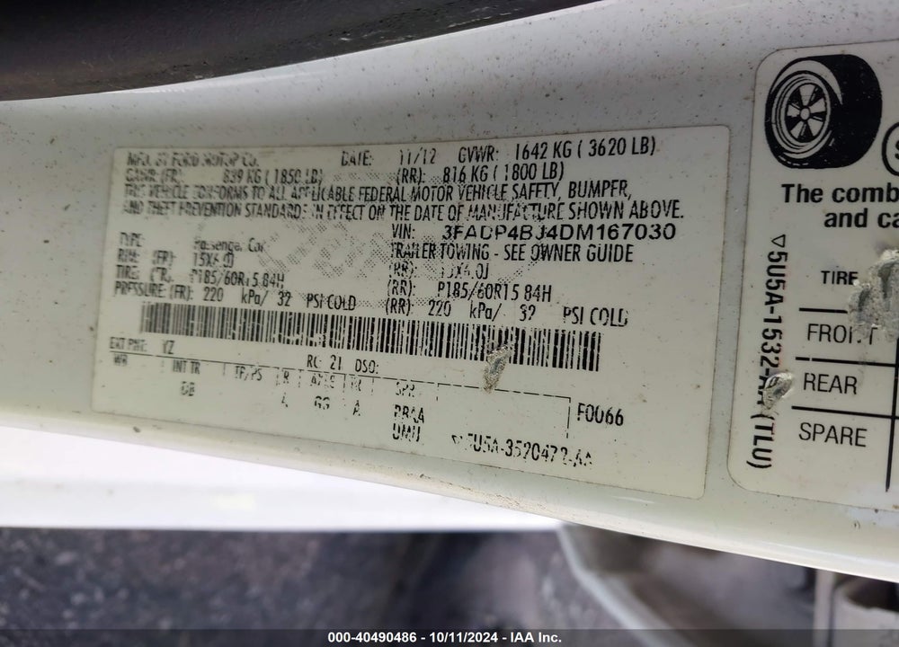 2013 FORD FIESTA SE VIN: 3FADP4BJ4DM167030