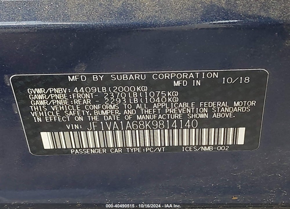 2019 SUBARU WRX VIN: JF1VA1A68K9814140