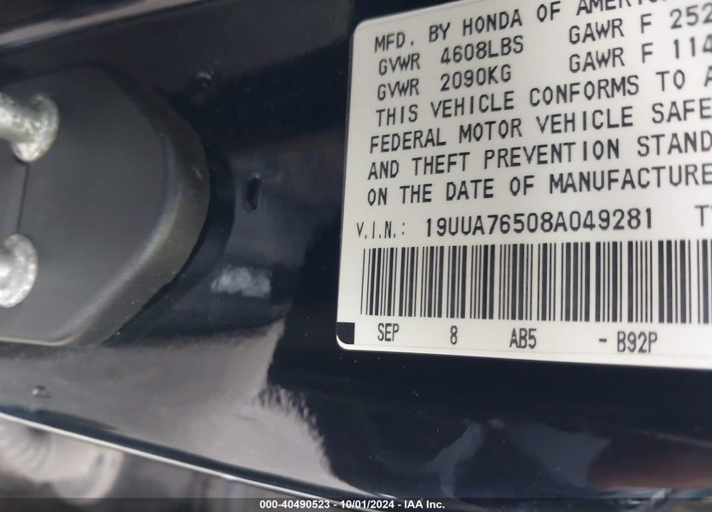 2008 ACURA TL TYPE S VIN: 19UUA76508A049281