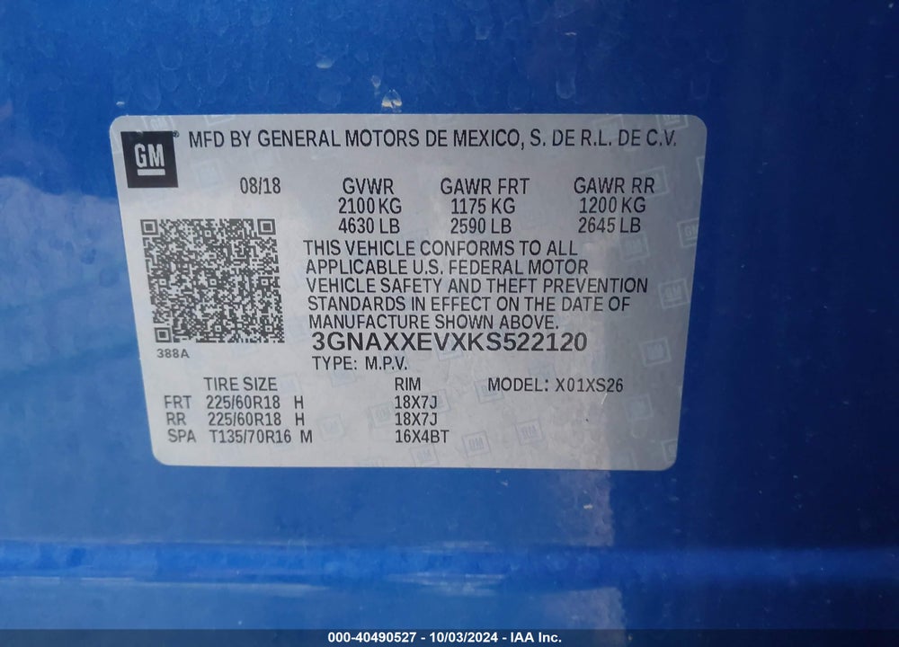 2019 CHEVROLET EQUINOX PREMIER VIN: 3GNAXXEVXKS522120