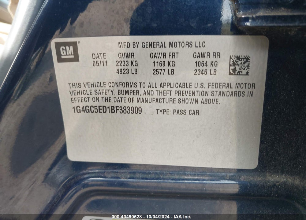 2011 BUICK LACROSSE CXL VIN: 1G4GC5ED1BF383909