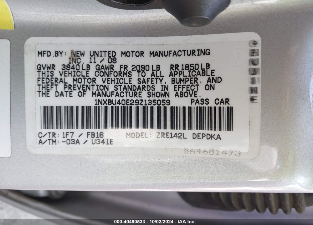 2009 TOYOTA COROLLA LE VIN: 1NXBU40E29Z135059