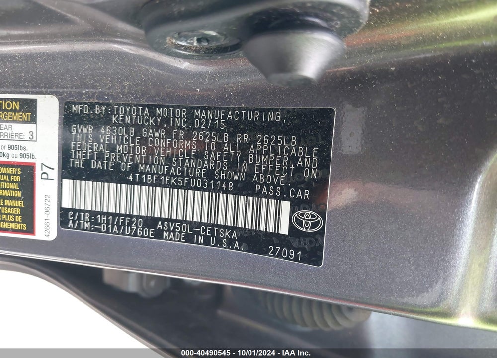 2015 TOYOTA CAMRY SE VIN: 4T1BF1FK5FU031148