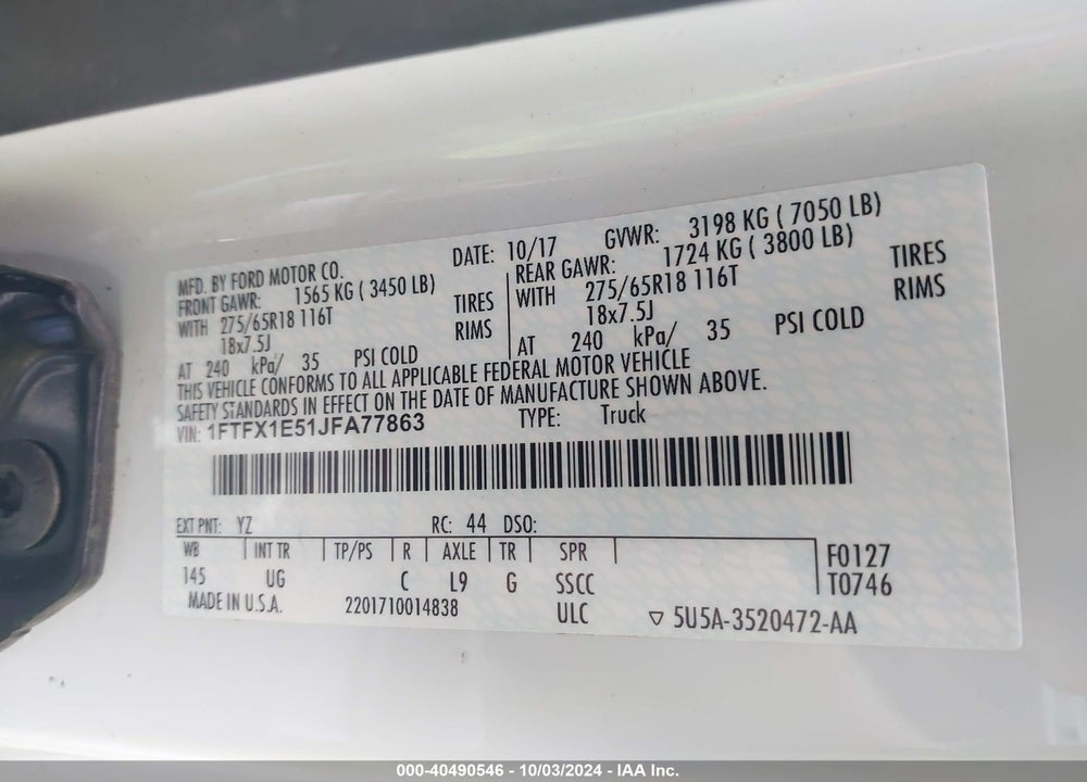 2018 FORD F-150 XLT VIN: 1FTFX1E51JFA77863