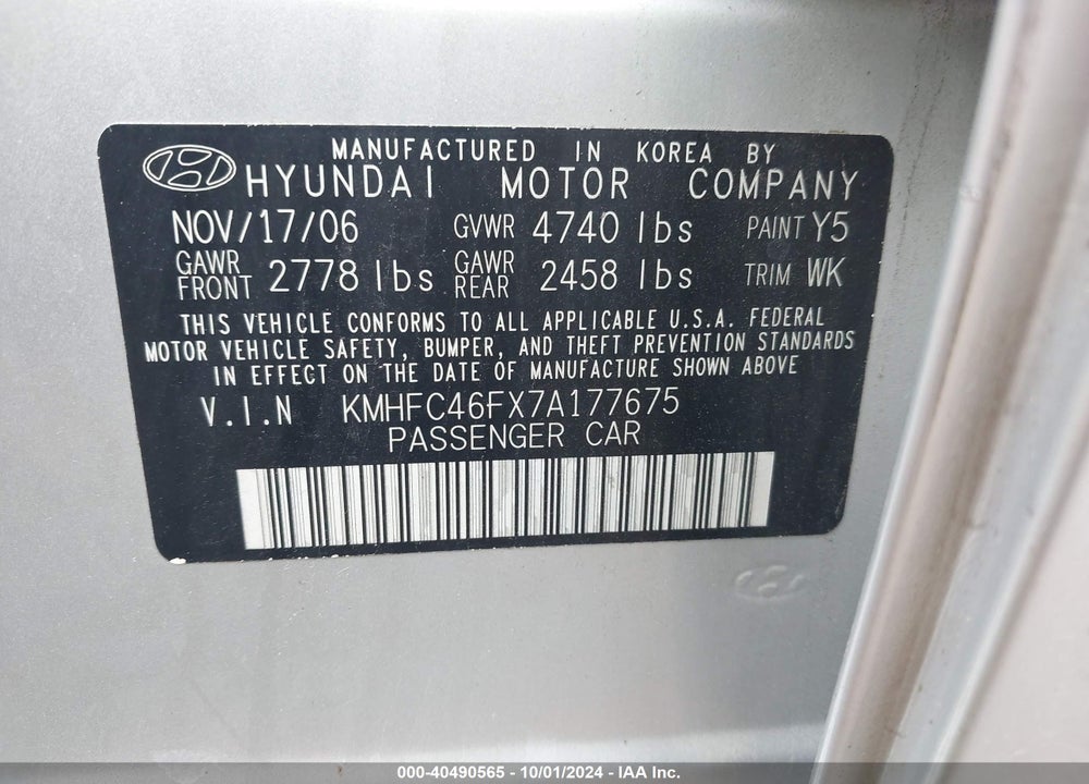 2007 HYUNDAI AZERA LIMITED/SE VIN: KMHFC46FX7A177675