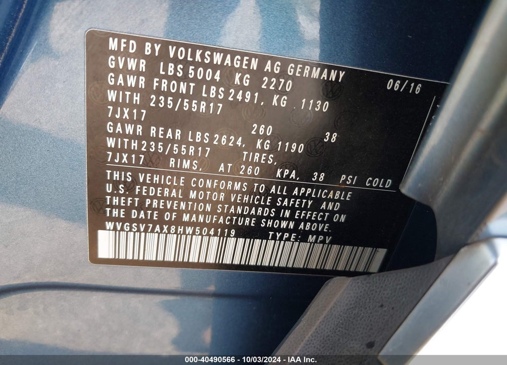 2017 VOLKSWAGEN TIGUAN 2.0T WOLFSBURG EDITION VIN: WVGSV7AX8HW504119