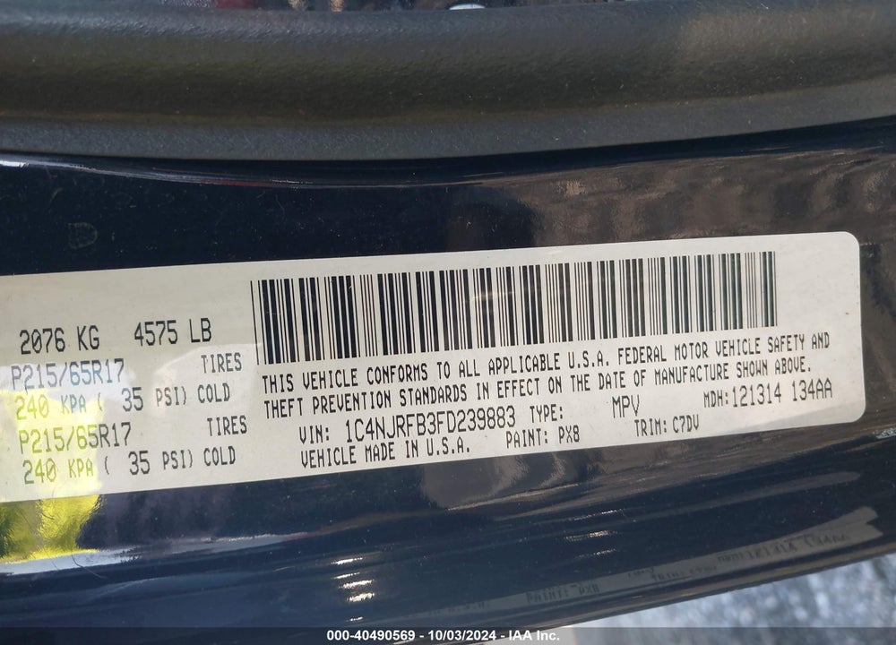 2015 JEEP PATRIOT LATITUDE VIN: 1C4NJRFB3FD239883