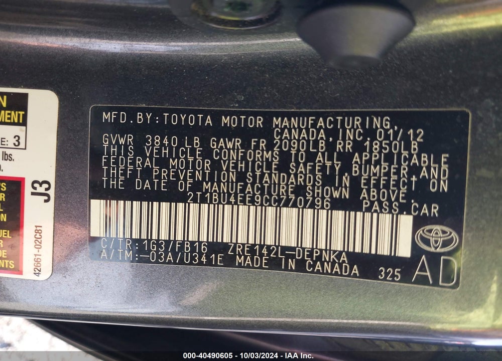 2012 TOYOTA COROLLA LE VIN: 2T1BU4EE9CC770796