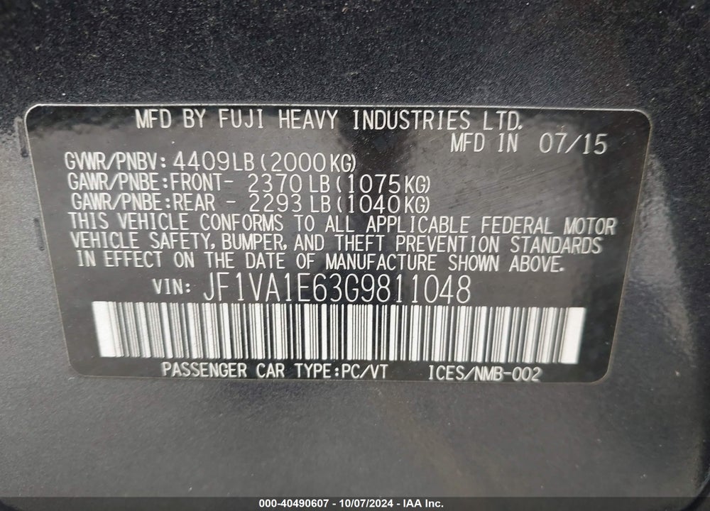2016 SUBARU WRX PREMIUM VIN: JF1VA1E63G9811048