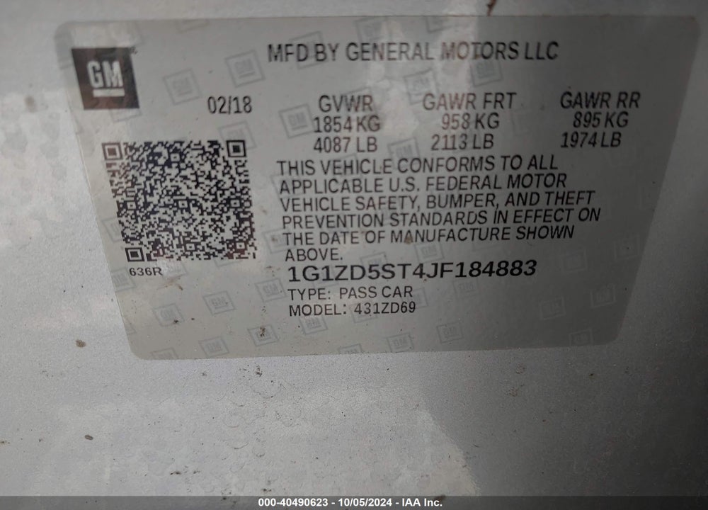 2018 CHEVROLET MALIBU LT VIN: 1G1ZD5ST4JF184883