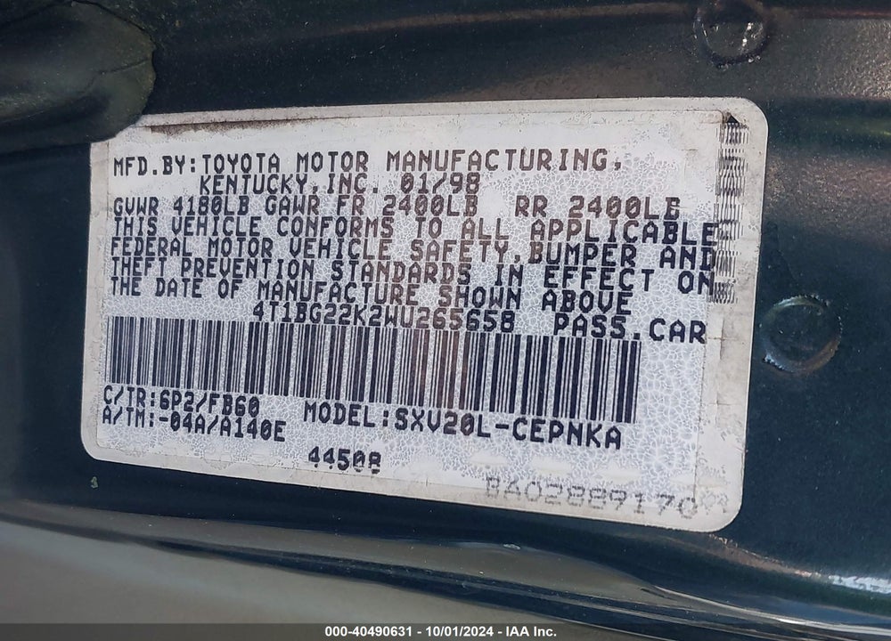 1998 TOYOTA CAMRY LE VIN: 4T1BG22K2WU265658