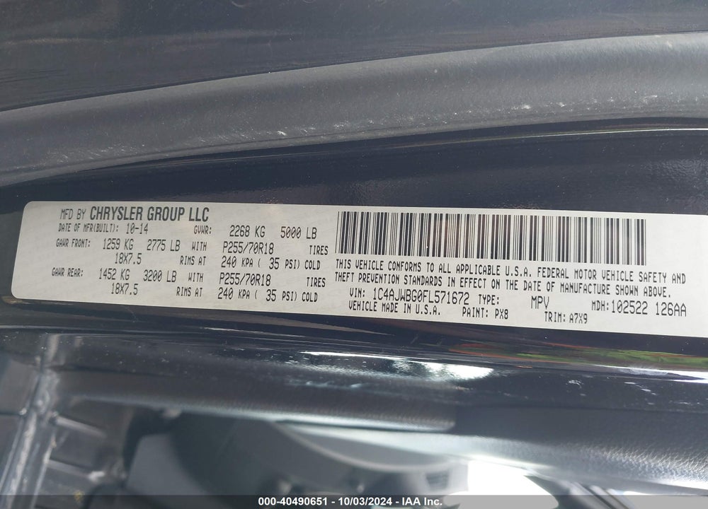 2015 JEEP WRANGLER SAHARA VIN: 1C4AJWBG0FL571672