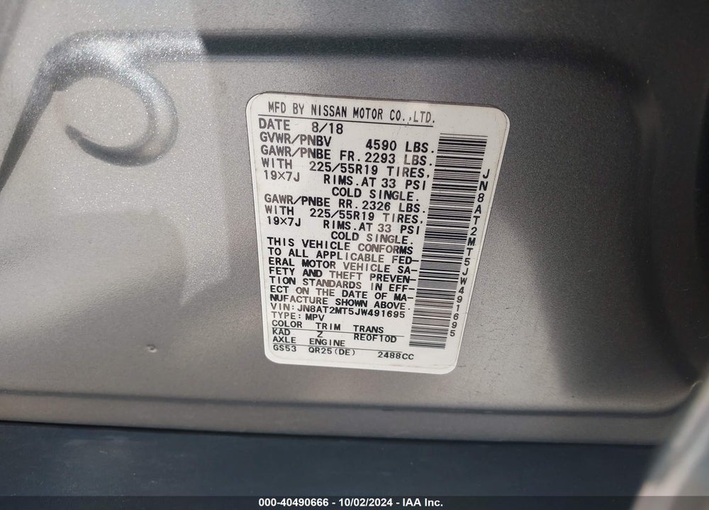 2018 NISSAN ROGUE S/SL/SV VIN: JN8AT2MT5JW491695