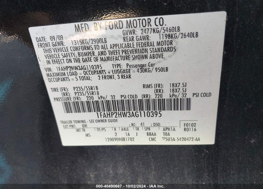 2010 FORD TAURUS VIN: 1FAHP2HW3AG110395