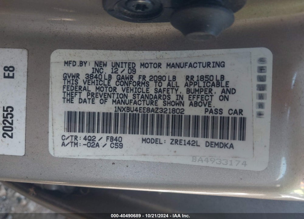 2010 TOYOTA COROLLA VIN: 1NXBU4EE8AZ321802