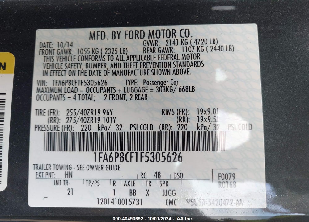 2015 FORD MUSTANG GT VIN: 1FA6P8CF1F5305626