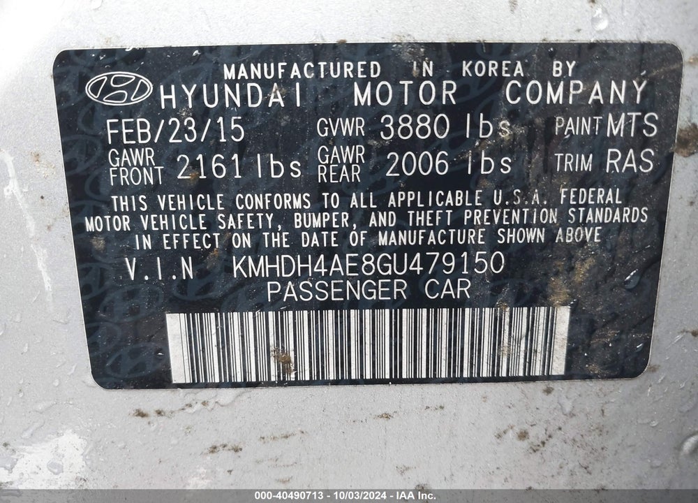 2016 HYUNDAI ELANTRA VIN: KMHDH4AE8GU479150